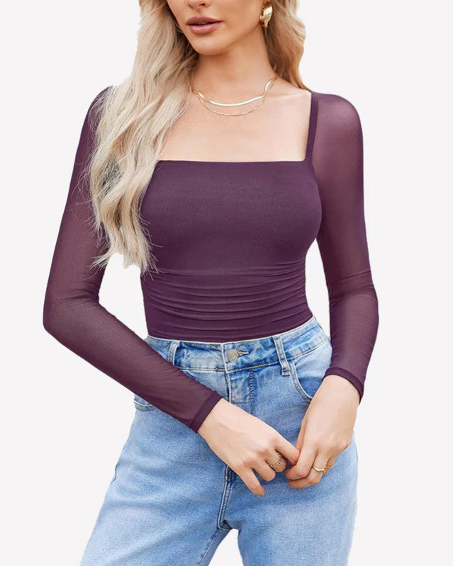 Square Neck Ruched Mesh Long Sleeve Shaping Bodysuit