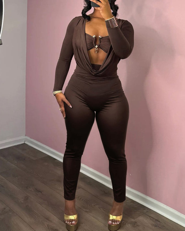 Draped Neck Slimming Long-Sleeved Jumpsuit