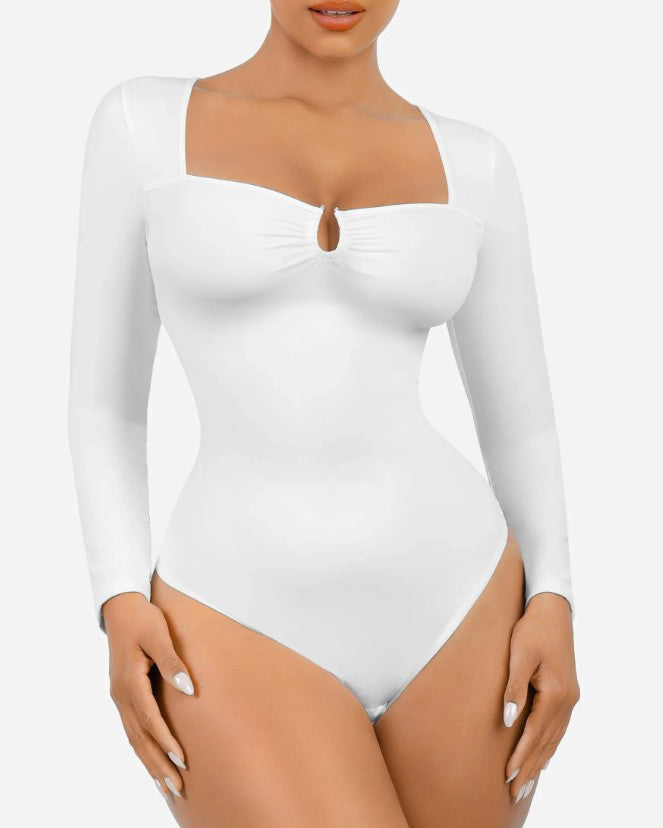 Cutout Long-Sleeved Tummy Shaping Thong Bodysuit