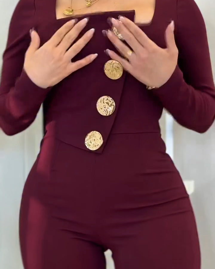 Long-Sleeved Button Slim Fit Jumpsuit