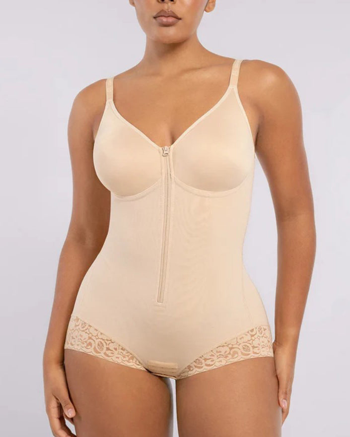 Front-Zip Sleeveless Tummy Sculpt Bodysuit