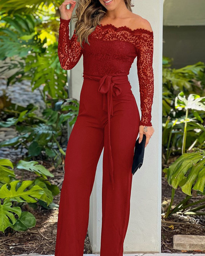 Lace-Paneled Off-the-Shoulder Long-Sleeved Bodycon Jumpsuit