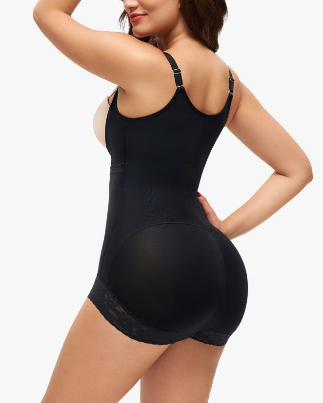 Front Zipper Lace Trims Thong Body Shaper