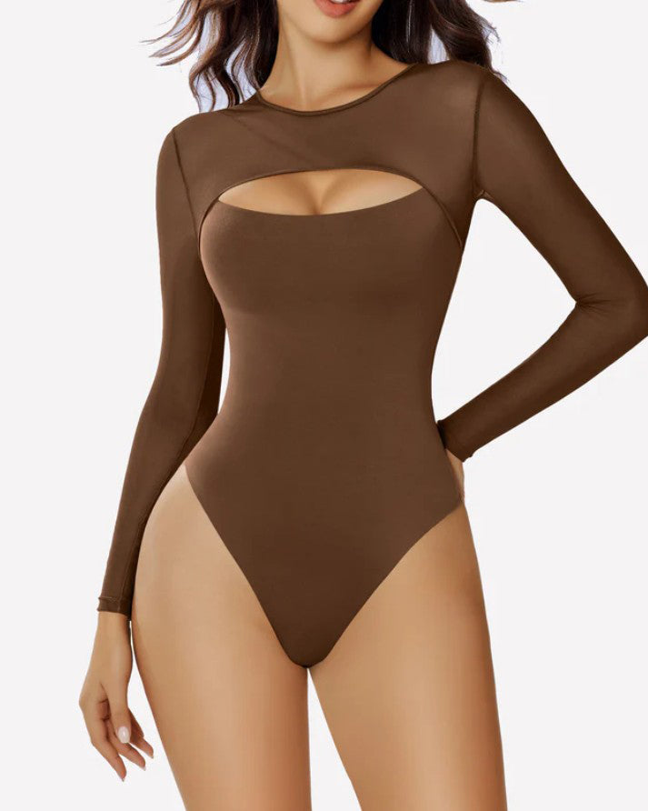 Mesh Long Sleeve Cutout Thong Shapewear Bodysuit