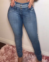 3-Row Button High-Stretch Skinny Jeans