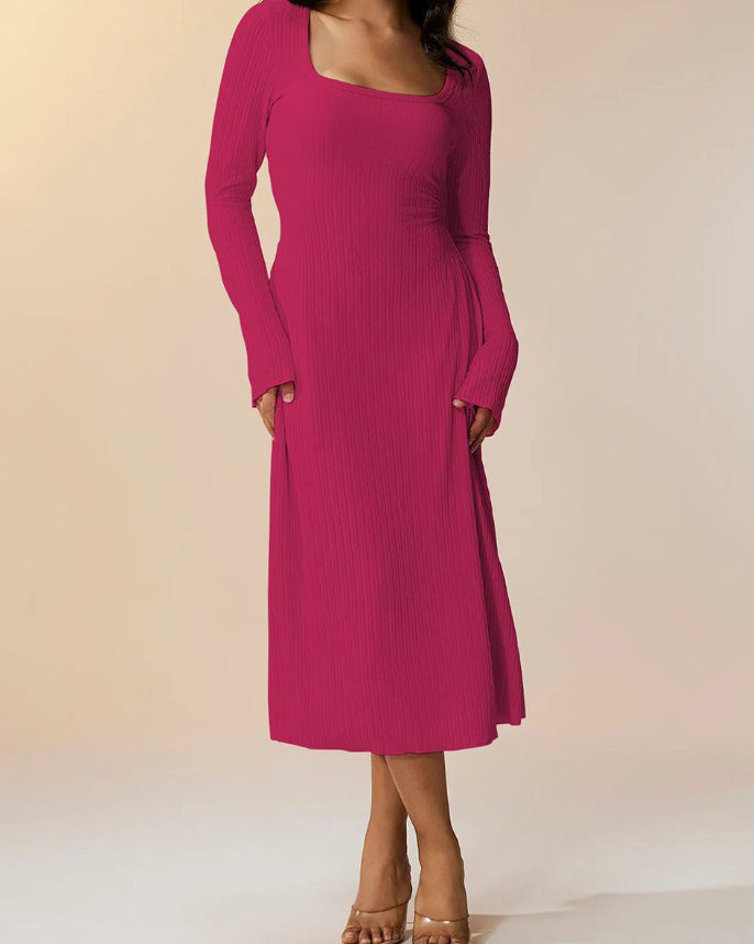 Knitted Ribbed Square Neck Long-Sleeved Tie Dress