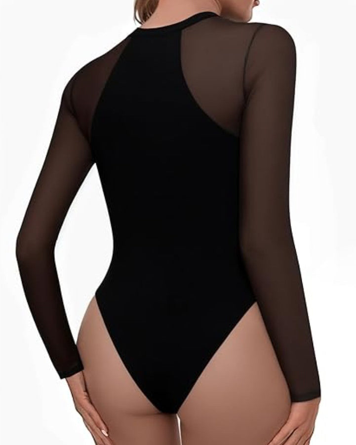 Long Sleeve Sheer Mesh Slimming Bodysuit