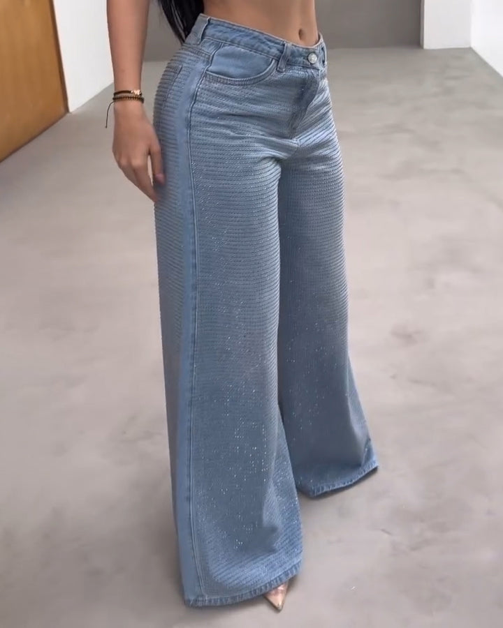 High-Rised Sparkling Rhinestones Wide-Leg Jeans