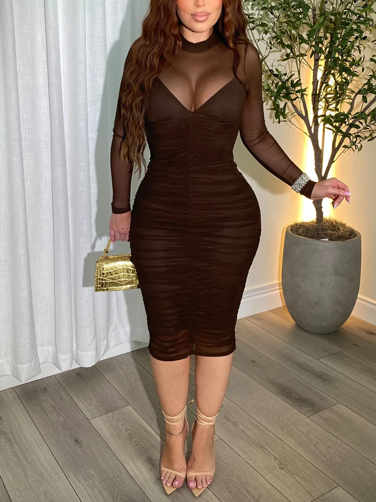 Mesh Splicing Breathable Long Sleeved Tight Dress