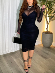 Mesh Splicing Breathable Long Sleeved Tight Dress
