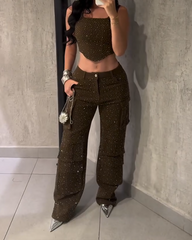 Rhinestone Suspender  Overalls Pants Set