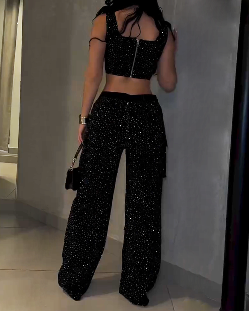 Rhinestone Suspender  Overalls Pants Set